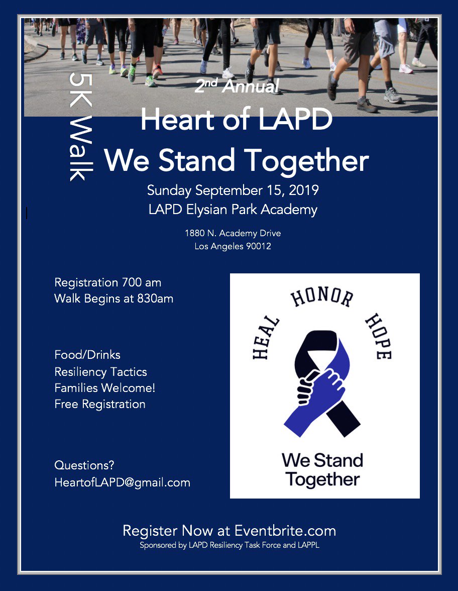 LapdResilience's tweet photo. Next month is the 2nd Annual Heart of LAPD 5K walk to promote suicide awareness. Register at https://t.co/ypgDsPaJ0L! 
#SuicideAwareness #SuicidePrevention #Mentalhealth #LAPD #LosAngeles https://t.co/5qAIbOohdG