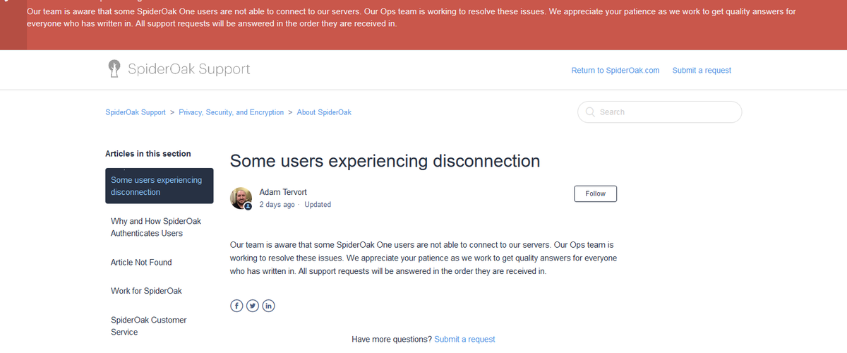 MartinPerreaul2's tweet photo. @somehenry @skypupster @SpiderOak @SpiderOak Anyone heard something from #Spideroak yet? It’s been a week now without any service. https://t.co/dps8Lu3w6d