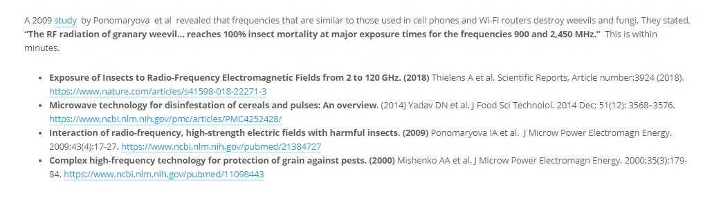 Microwave radiation is known to kill insects and is already being used for insect control in stored grains.  #opCanary  https://mdsafetech.org/problems/5g/ 