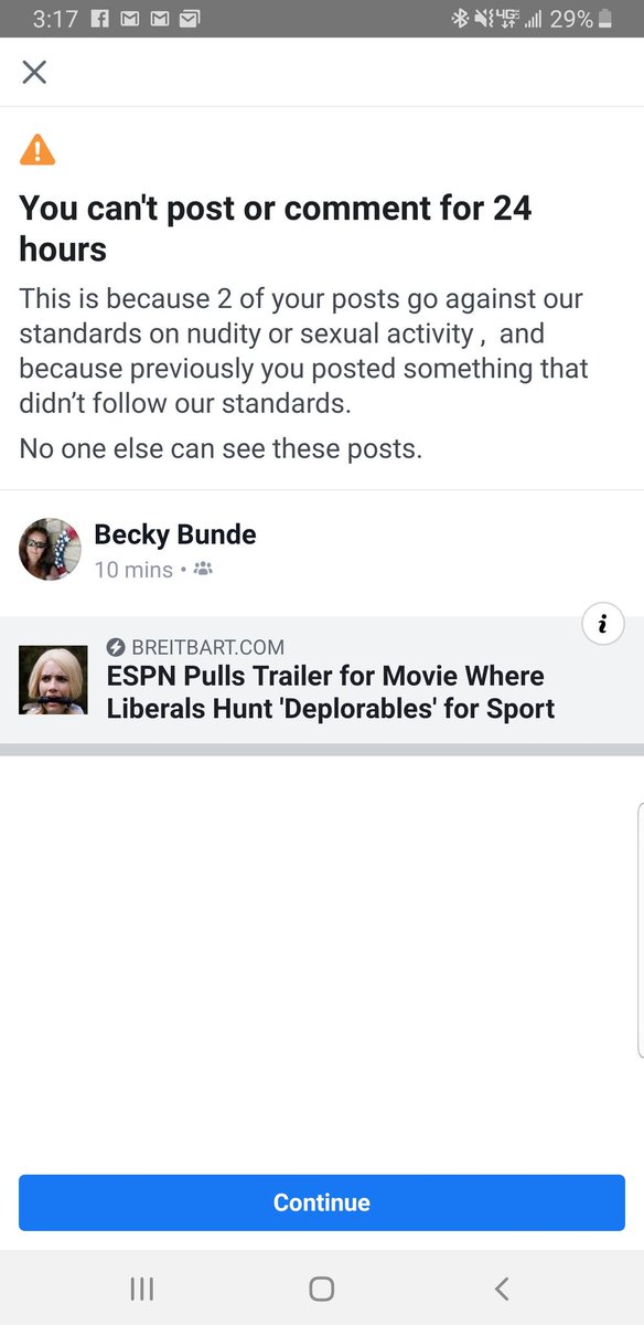 AZRealtorBecky's tweet image. #MediaMafia #LiberalControl #ConstitutionalViolationOfFreeSpeech  supposedly violates community standards for sexual activity or nudity? Was a Breitbart article about a movie of leftist elites hunting conservatives @seanhannity @realDonaldTrump