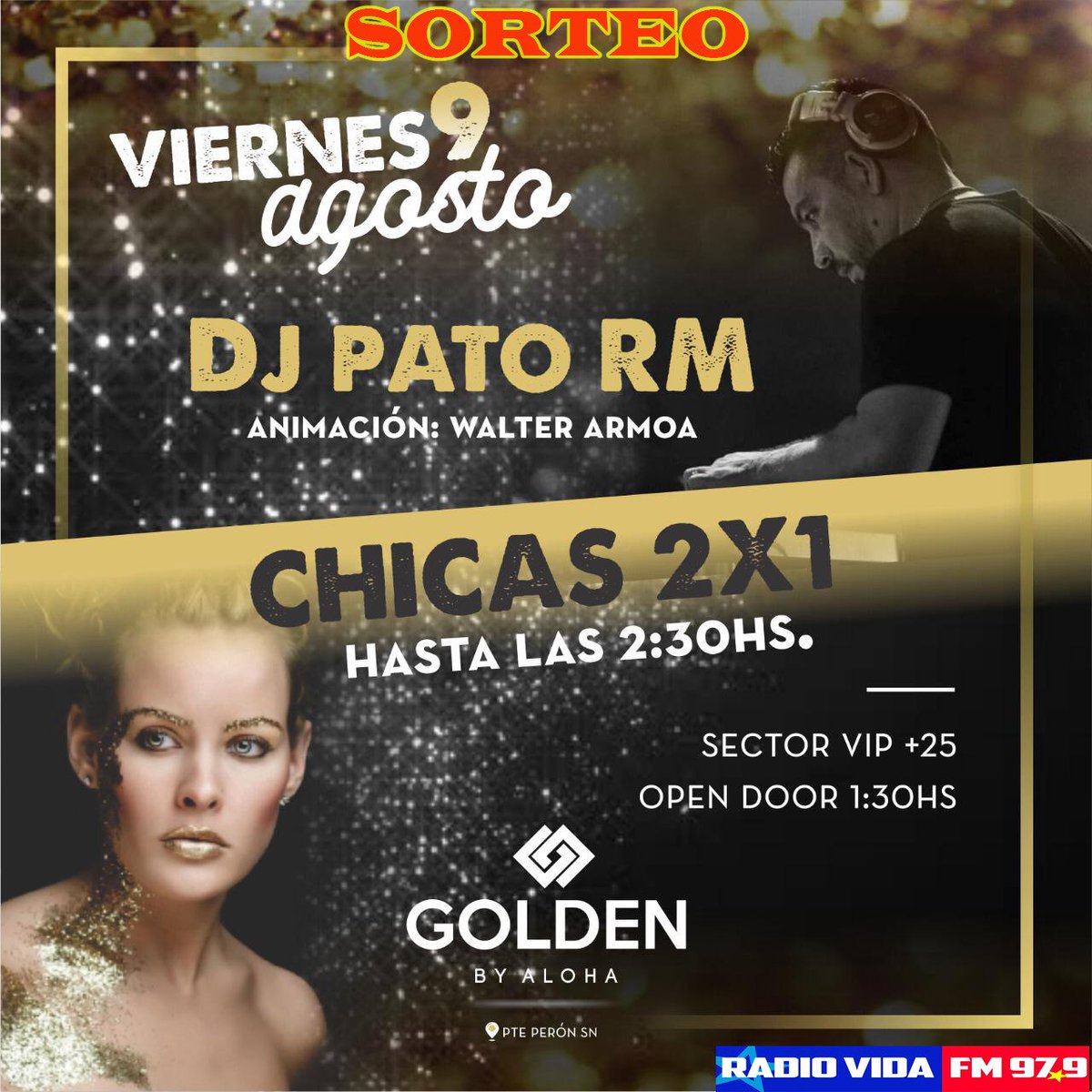 RadioVidaMacia's tweet photo. #Sorteo 🎉
Te regalamos 👉DOS FREE y DOS CONSUMICIONES👈 para #GoldenDisco by #Aloha 🔝💪👏
Para PARTICIPAR solo tenes que:👇
⏩ SEGUIR a @RadioVidaMacia
⏩ Dar RT
¡Y ya estas participando!
◾Para tener DOBLE CHANCE participá también en Instagram de Radio Vida Maciá◾ https://t.co/b85CzeER2W