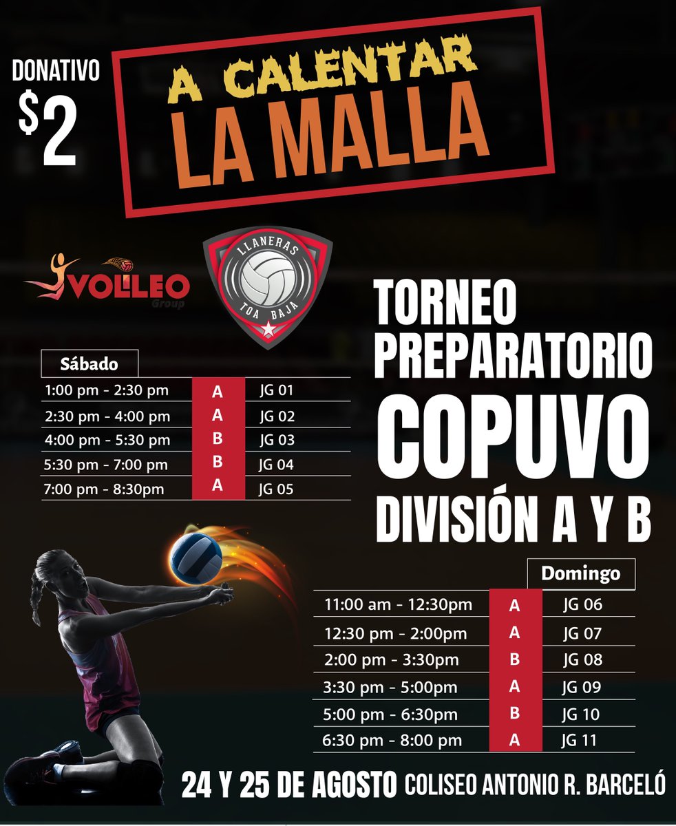 🚨SEPARA LA FECHA🚨
Ven y apoya al talento juvenil del voleibol de COPUVO división A y B. Habrá acción en el coliseo desde temprano ambos días.

DONATIVO: $2