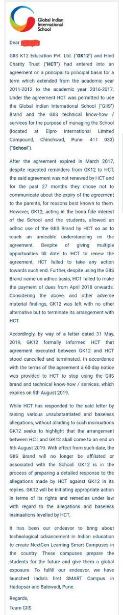 GpaSocial's tweet photo. @Global_Schools Thanku sending a note to parents now. But that does not solve d problem &amp; neither help you. If you did not get franchisee fee from #HindTrust #Elpro for 2.5yrs. Then, you coul hav given a notice to all parents &amp; waited for 6 more mnths. @ThePuneMirror @punekarnews https://t.co/RL9gX7KzCc