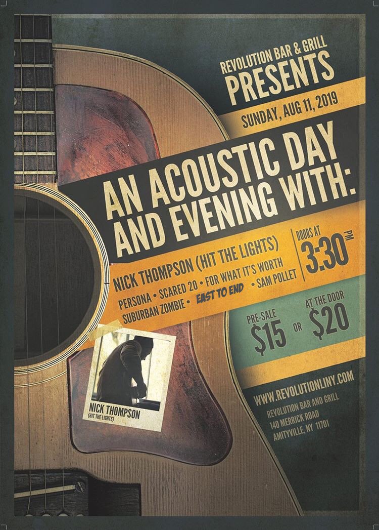 revolution_li's tweet photo. SUNDAY, AUGUST 11TH!!!
An Acoustic Evening with @NickHTL (of @HitTheLights) w/ special guests @PRSNAOfficial #Scared20, @FWIWLI @SubZombieNY, East To End & @SamPollet12.
Doors 3:30PM // $15 Admission
Tickets: https://t.co/L8mMpM5hAq https://t.co/GJTIIOZOiN
