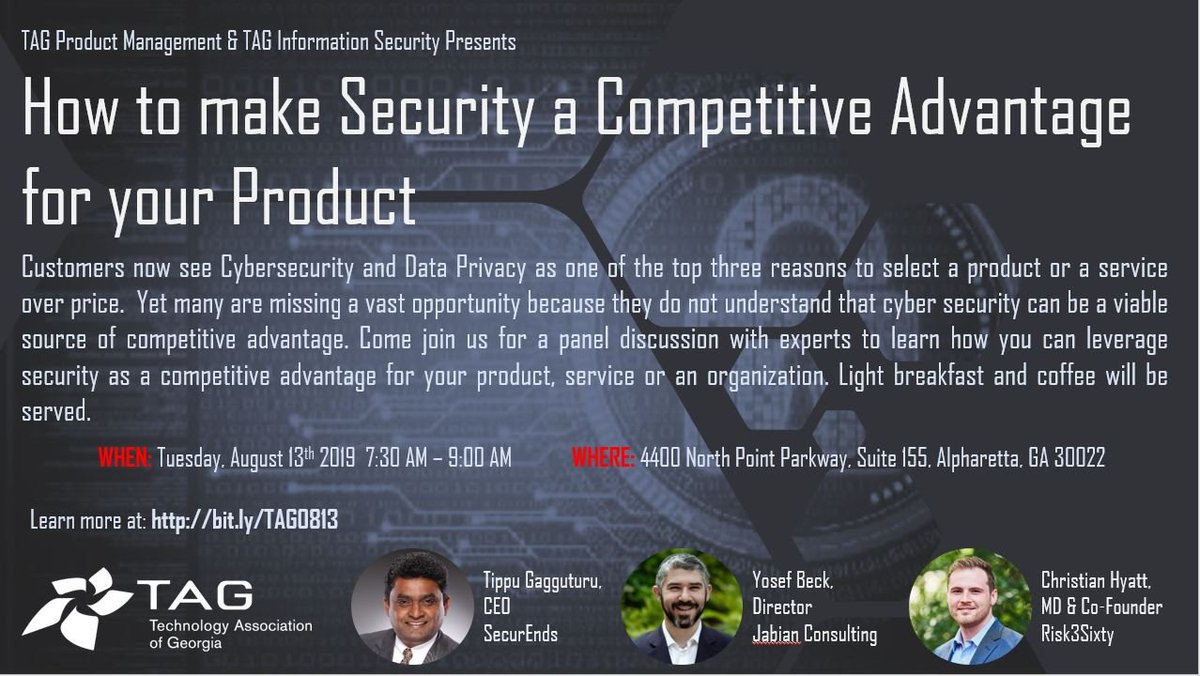 tagpm's tweet photo. Next Tuesday morning! August 13, 7:30am: How to make security a competitive advantage for your product! Expert panelist discussion, by TAG Product Management and TAG InfoSecurity. @TAGthink  
@TAGInfoSec @risk3sixty @InfoSec42 https://t.co/bzF9PhmSwp https://t.co/RCCPq3B1Qz