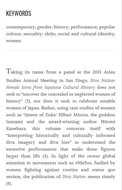 NVJSjournal's tweet photo. @LeviDurbidge @sonjape76918100 @AtsushiYamagat2 @Routledge_AS @QUT @veramackie And finally, another review! In this one, Rebecca Hausler of @UQ_News looks at 'Diva Nation: Female Icons from Japanese Cultural History' (via @ucpress), linking the lives of high-profile divas with those of ordinary women in Japan.
#NVJS11 #NVJSTop10
https://t.co/h7hk5mOzwG https://t.co/3Y0V55q0Ro