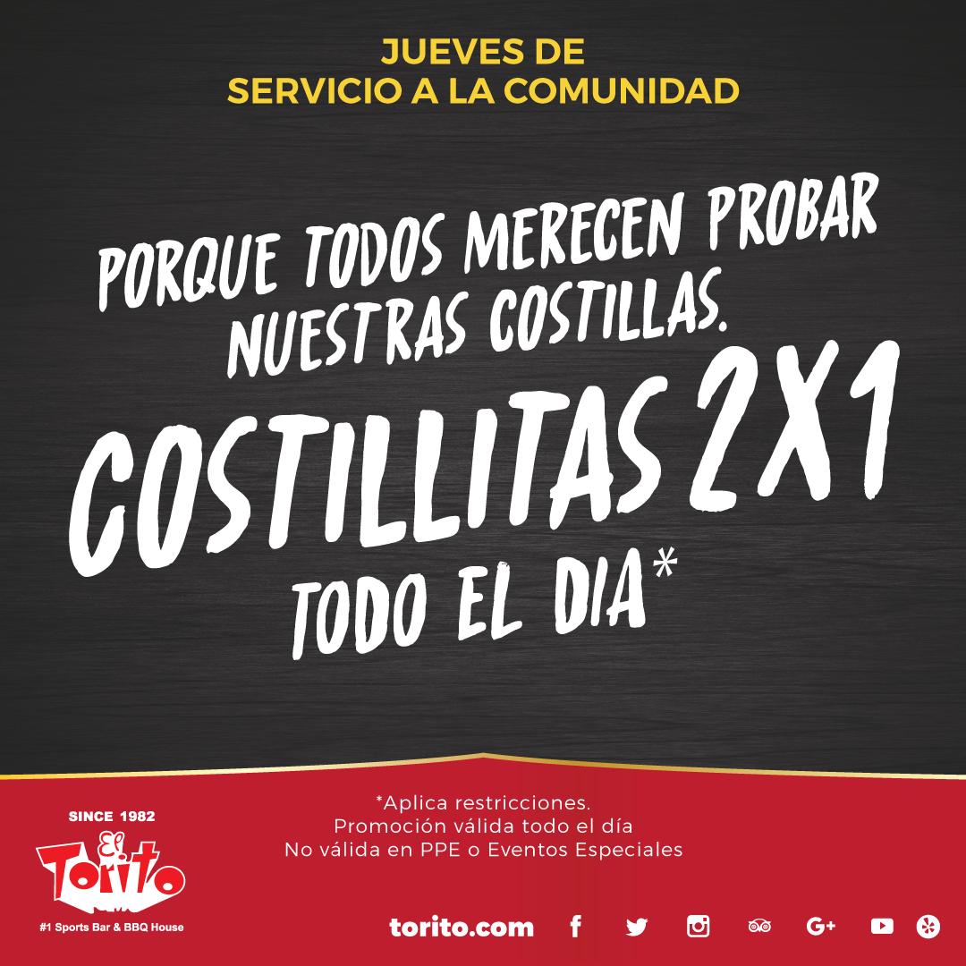 toritodotcom's tweet photo. Benditos Jueves.
2x1 Todo el dia.
Te esperamos mañana a partir de las 11am en todas nuestras sucursales.  https://t.co/JEIDe27WN6
Promoción valida solo en sucursal, no para llevar.
#wfbbqribs
https://t.co/mscfC1cnvz https://t.co/bDZ89DOeuX