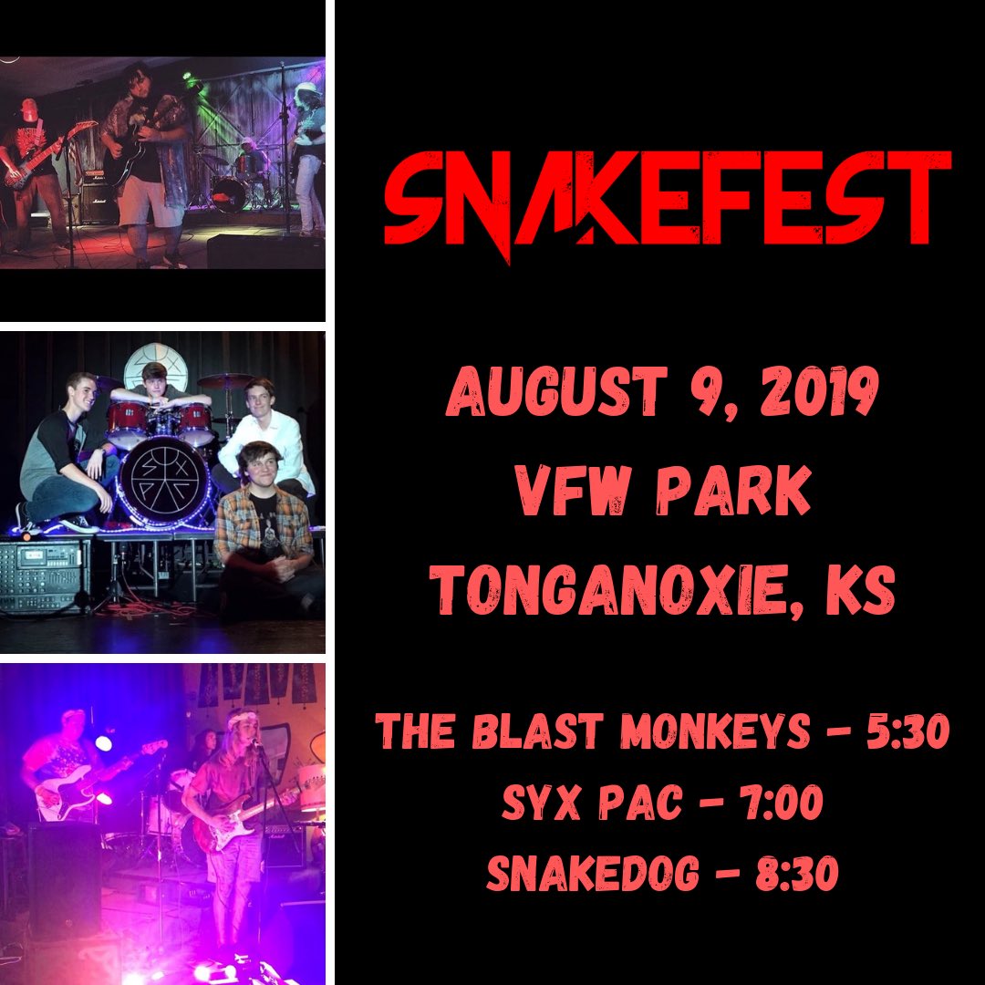snakedogband's tweet photo. SNAKEFEST 2019. Join us, Syx Pac, and The Blast Monkeys this Friday at the VFW Park for a night of the best live music in Northeast Kansas! https://t.co/mNNnV3WpJ9