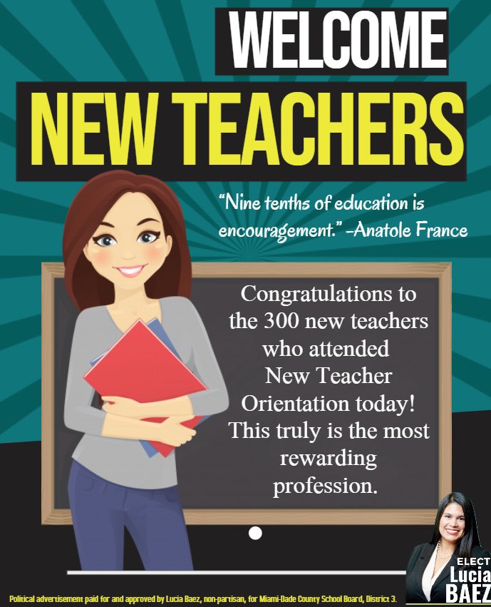 mdcpsluciabaezg's tweet photo. Excited for all the new teachers joining Miami-Dade County Public Schools! May they leave a lasting legacy! #education #teachers #Class #SchoolBoard #MiamiDadeSchoolBoard #teambaez #baez4schoolboard #BeachHigh https://t.co/nXr9jb9scL