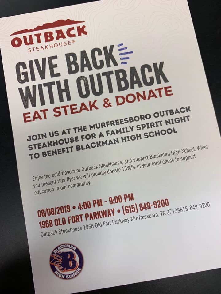 BLAZE_HOOPS's tweet photo. Join Blackman High School for Family Spirit night tommorrow Aug. 8th at @Outback in Murfreesboro starting at 4pm 🔥🔥💯💯🏘🏘 #Community https://t.co/l1skduh1aA