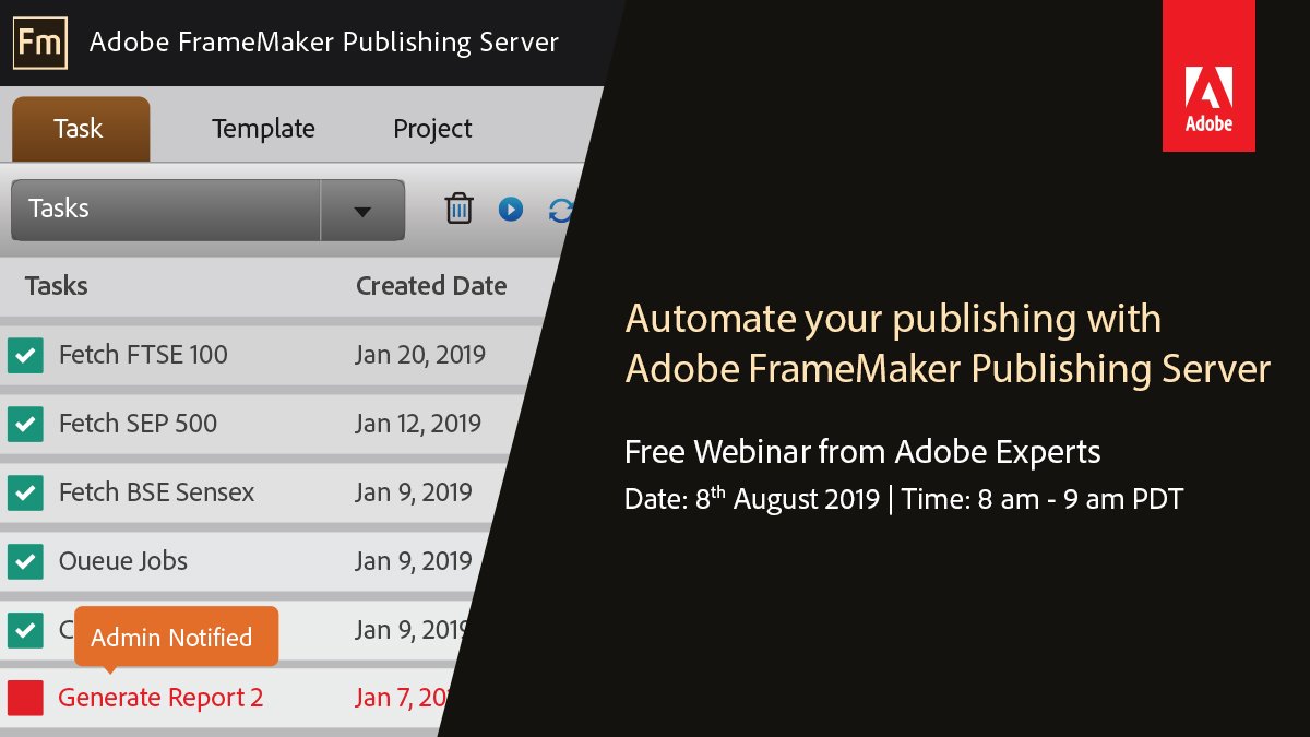 AdobeTCS's tweet photo. There's still a couple hours to register for our Free #Webinar tomorrow, 8th August on Automate your #publishing with Adobe #FrameMaker Publishing Server (2019 release)!
Reserve your spot at: https://t.co/YQO1iq9L1X
#TechnicalCommunication #TechnicalWriting #PublishingTool https://t.co/97C4w6gwZ6