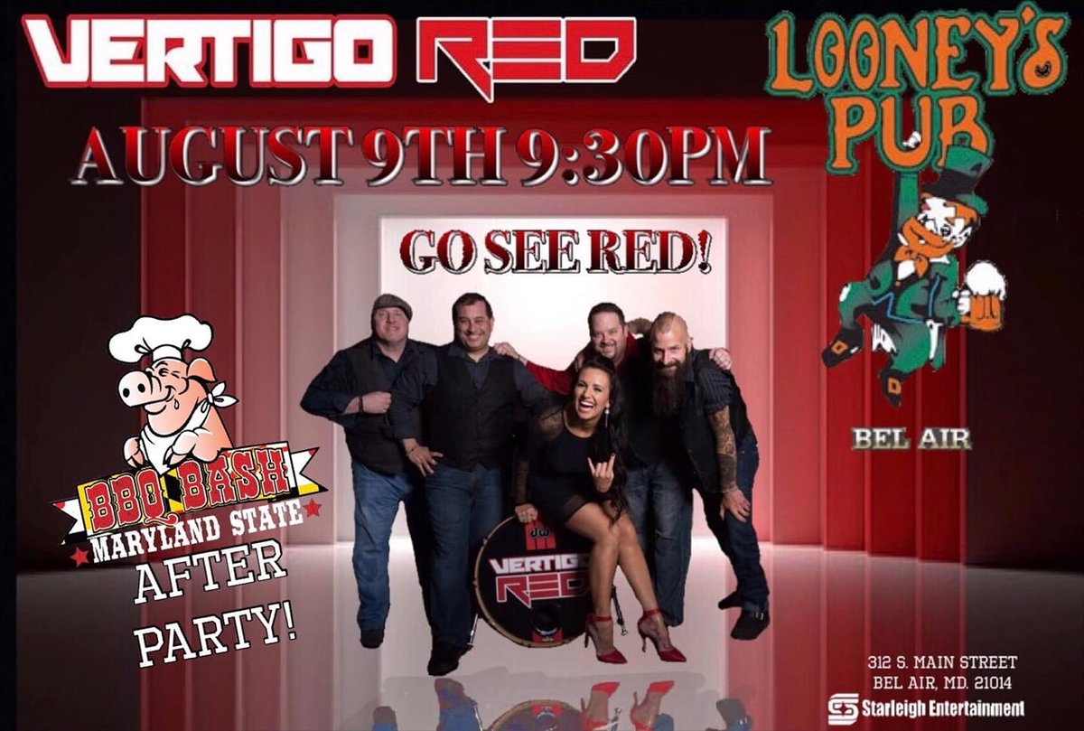 Friday, August 9th -- Vertigo Red returns to Looney's North (Bel Air).  Showtime: 9:30 pm.  

facebook.com/events/8940330…
