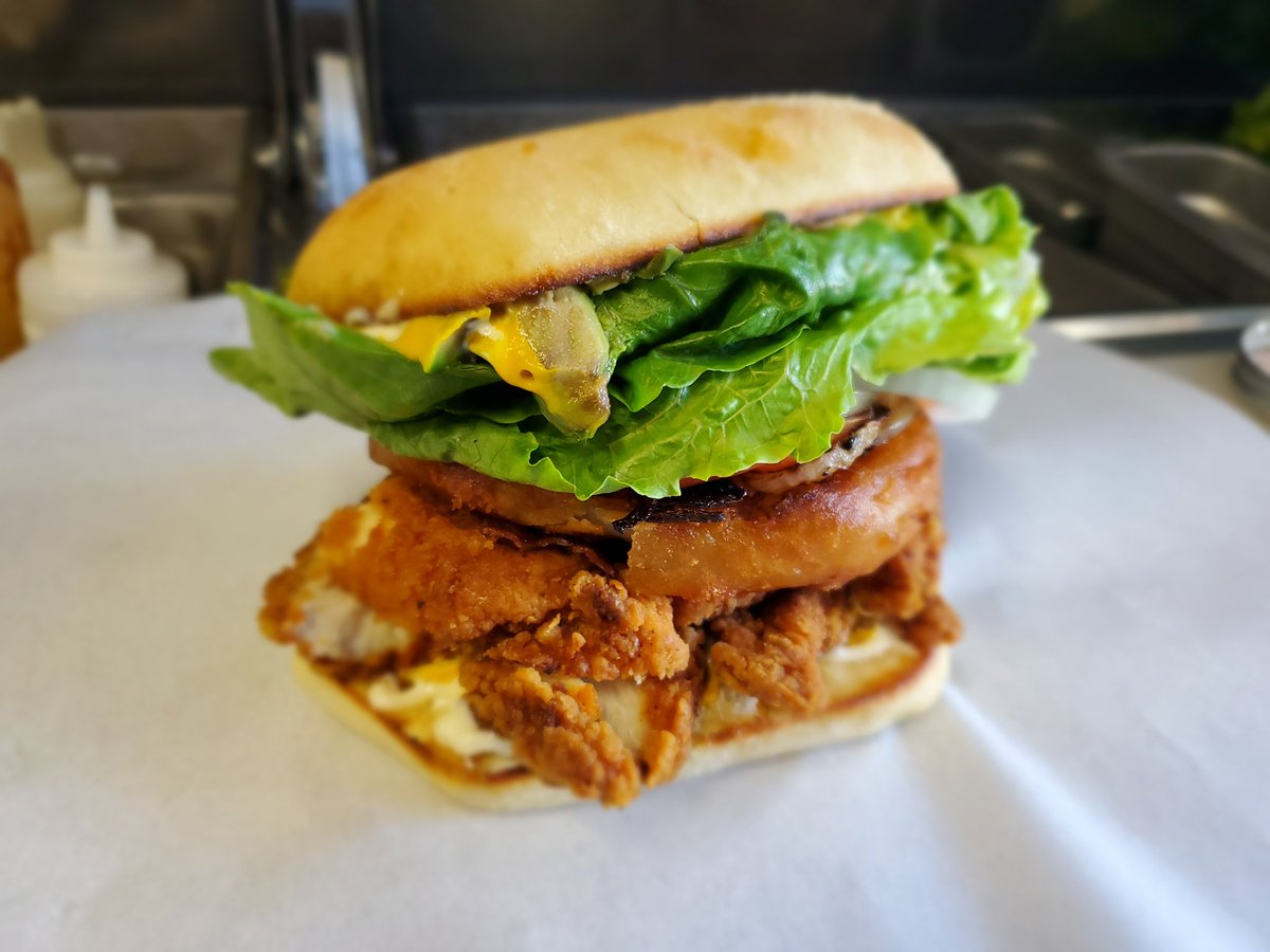 Super secret menu item: The chicken sando supreme! Onion rings, bacon and avocado stacked high on this fried chicken sandwich!

Serving at here at the concord rock climb gym till 8-ish!