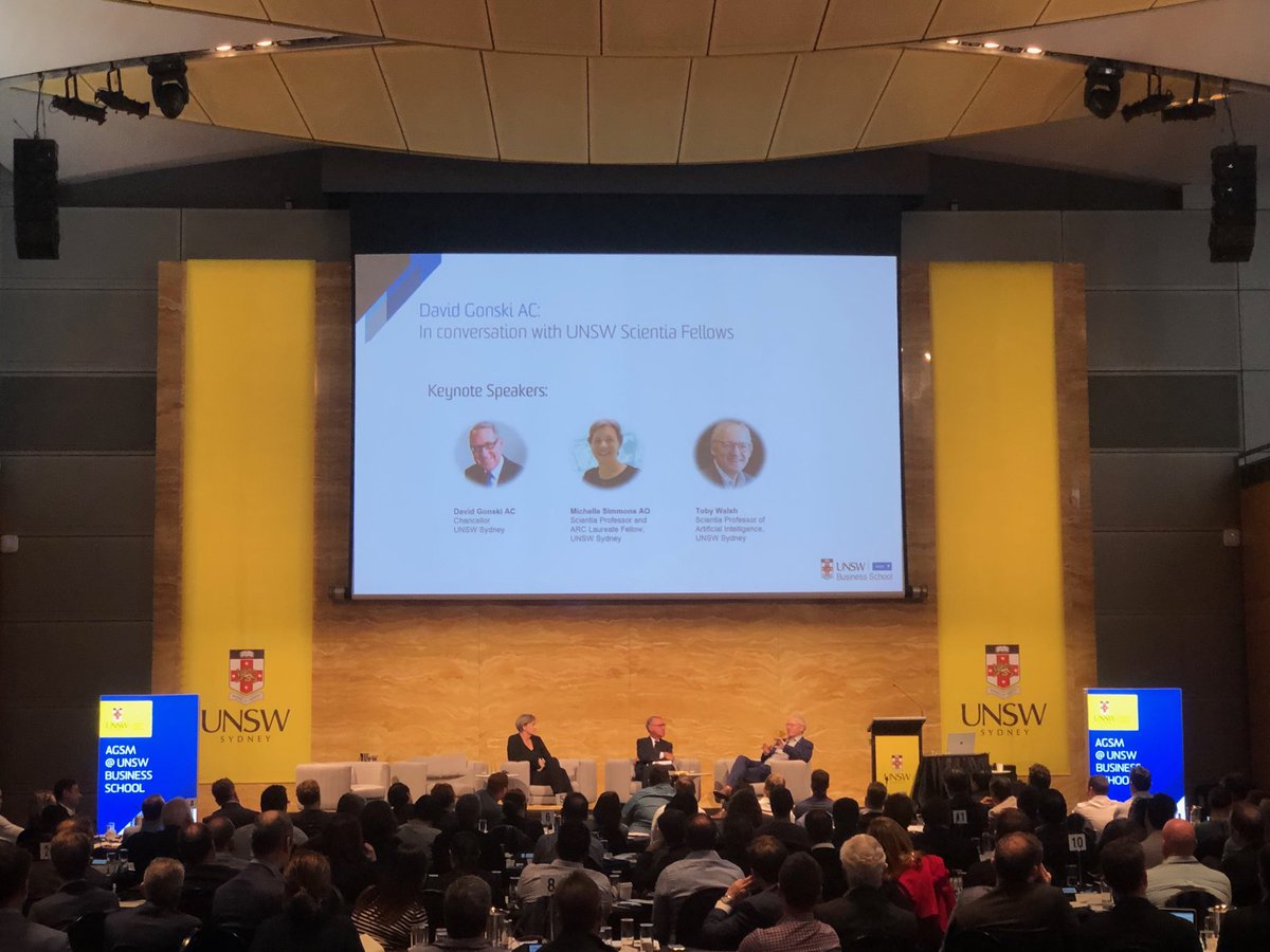 NickWailes's tweet photo. Not a bad panel- David Gonski interviewing Michelle Simmons and Toby Walsh ⁦@YPO⁩ ⁦@UNSWAGSM⁩ Executive Education Day https://t.co/E36BlgqelN