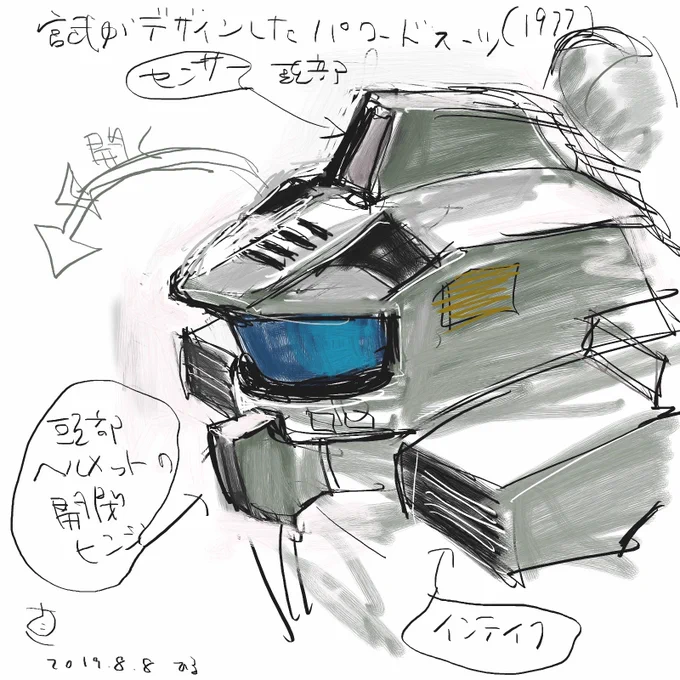良い機会なので、宮武がデザインしたぬえのパワードスーツがどんなふうにガンダムのデザインにつながっていったかを紹介しますね。

パワードスーツの全身は、ガンキャノンへと受け継がれますが、パワードスーツのヘルメットも、ガンダムの頭部のパーツとして、いくつかデザインに受け継がれています。 