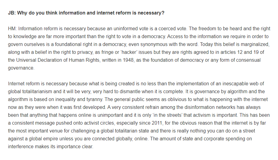 "what is being created is no less than the implementation of an inescapable web of global totalitarianism and it will be very, very hard to dismantle when it is complete."  #opCanary  https://georgiebc.wordpress.com/2019/06/18/wikileaks-data-justice-and-a-new-internet/