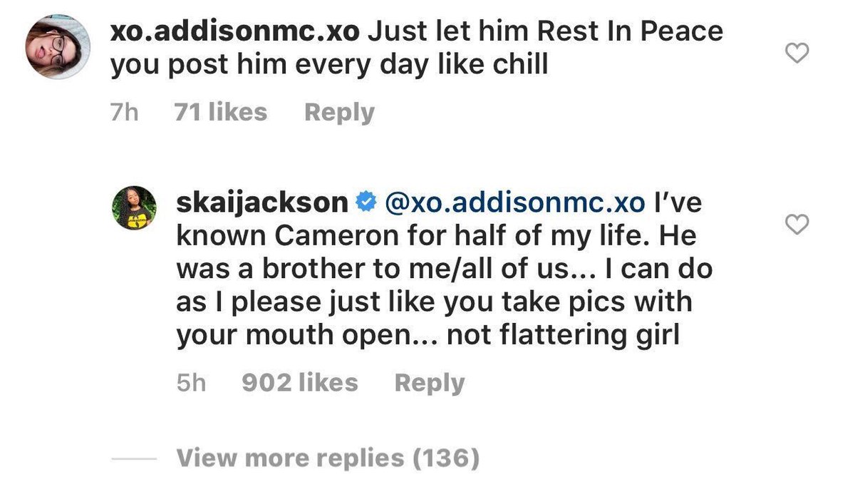 PopBase's tweet photo. Skai Jackson claps back at Instagram user who told her to stop posting about Cameron Boyce: 

“I can do as I please just like you take pics with your mouth open... not flattering girl.” 

Skai then went on to her page and commented on her photos, “Close your mouth”. https://t.co/OHoVagmGKJ