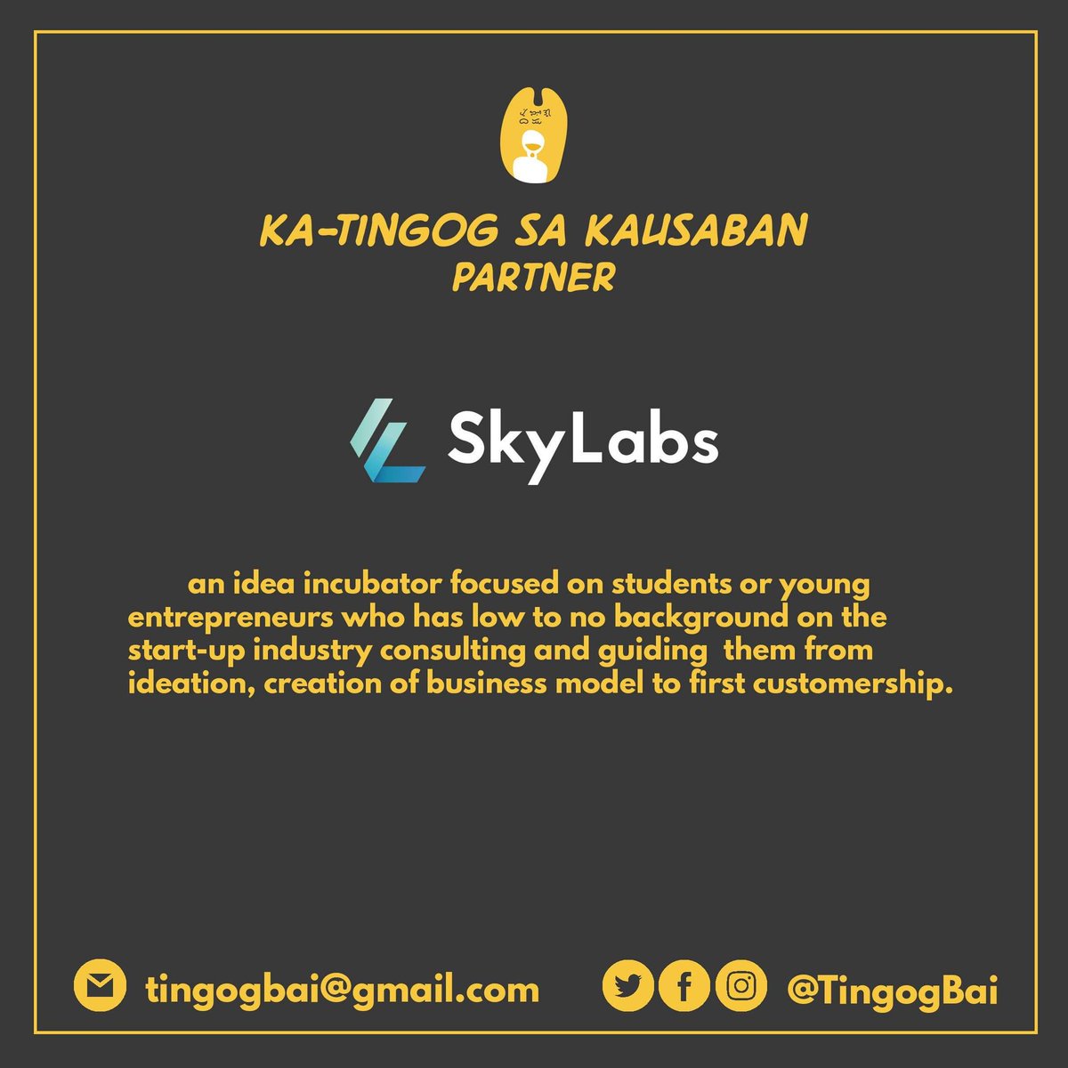 TingogBai's tweet photo. Kulang ang usa katingog para madunggan tas tibuok Pilipinas. Mao nang importante nga naa tay kauban nga ka-tingog sa kausaban.  🙌📢

We're thrilled to announce our partnership with @offcrowd and SkyLabs! Follow them on twitter and facebook for more updates ❤💛✨ https://t.co/j4OC5buc3Z