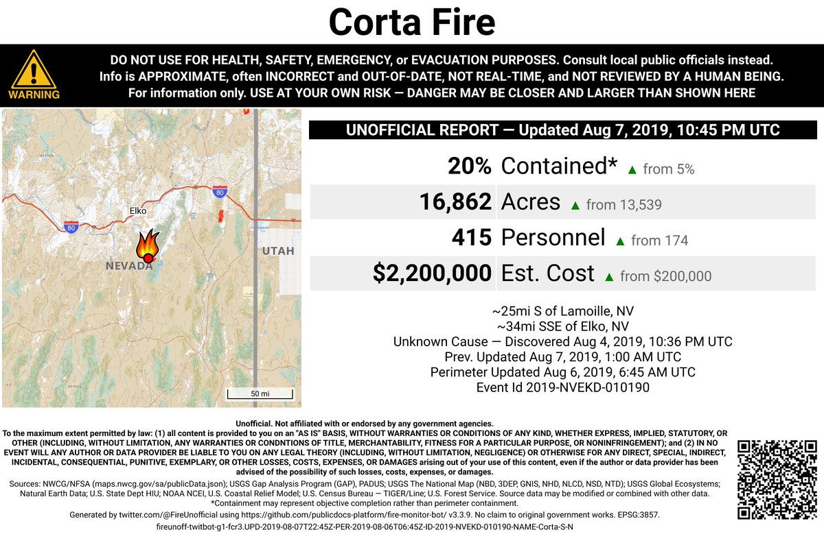 UtahNevFireBot's tweet photo. #CortaFire π₯ unofficial, automated update.
~25mi S of Lamoille, NV. β οΈ DO NOT USE FOR SAFETY PURPOSES - See officials instead. May be incorrect; disclaimers in images. https://t.co/t09Cpyd6Oe