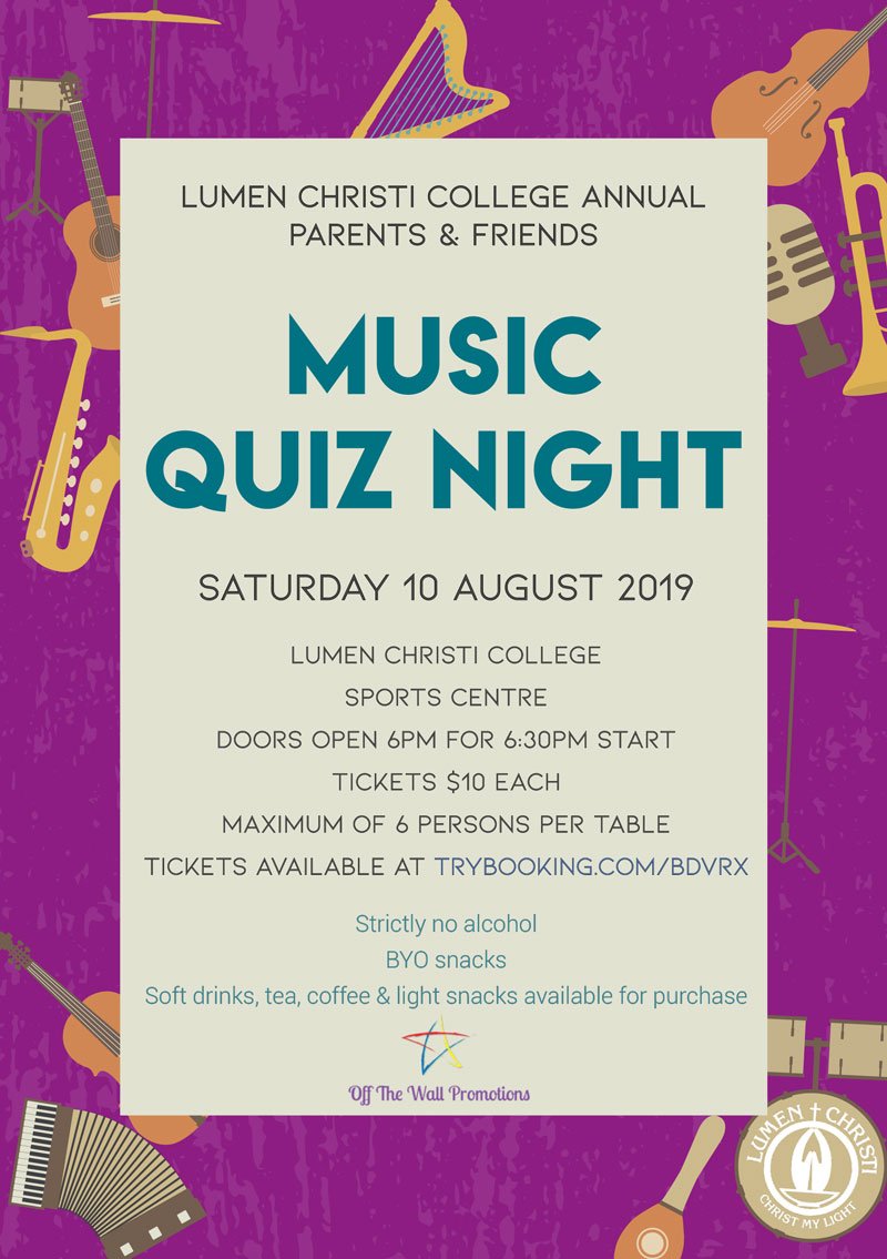 LumenChristiC's tweet photo. The Lumen Christi College PnF Music Quiz Night is this Saturday! Come join us for a night of family friendly fun. Tickets are $10 each, maximum of six persons per table. Get your tickets here: https://t.co/fdNFfWtczQ https://t.co/PE2xzq1LO6