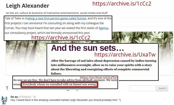 AntisocialJW2's tweet photo. Never forget Alexander is a drunk racist failure

The “heh gamers” attitude she promoted (and her consulting firm) led Tale of Tales to collapse and then scream about gamers online

Ooblets lashing out at “entitled gamers” follows the same tradition https://t.co/BPxcjB1ufn