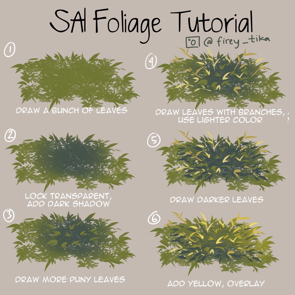 fireytika's tweet photo. SAI Foliage #tutorial
My friend requested a tutorial for #SAI user^^
Hope it helps~
Brush : pen brush/lineart brush & air brush
Later i made those leaf shapes as new brush for manga studio~ #nature #backgroundtutorial #bushes https://t.co/P8WnCBa2PS