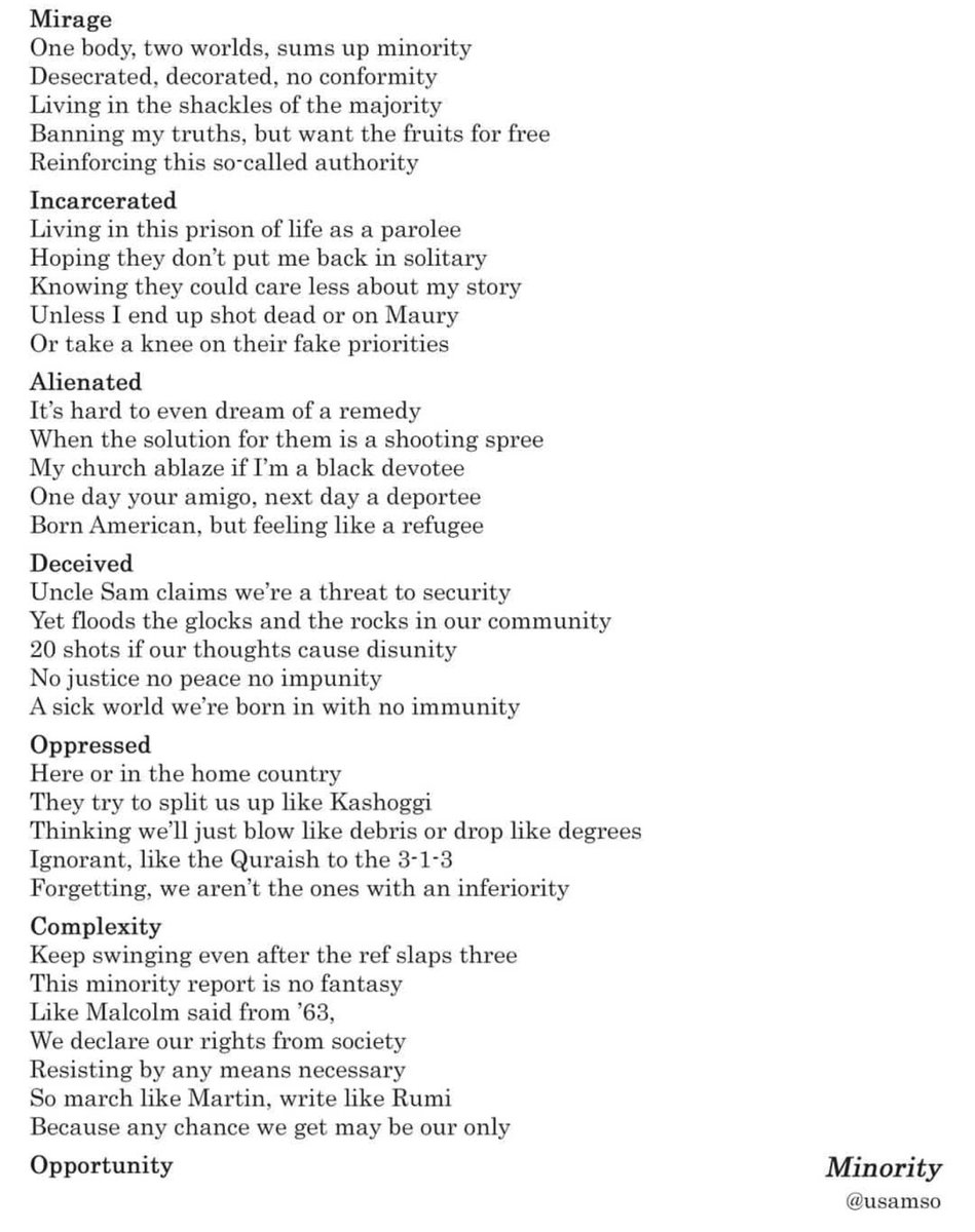 chaplainusama's tweet photo. #Minority - a poem that draws inspo from so much that's going on and has been going on, especially for minorities, ethnic, religious, racial, etc. all around the world.

Hope y'all enjoy, feedback welcomed, follow along on Instagram for future poems if you like! https://t.co/UYue44z8Q7
