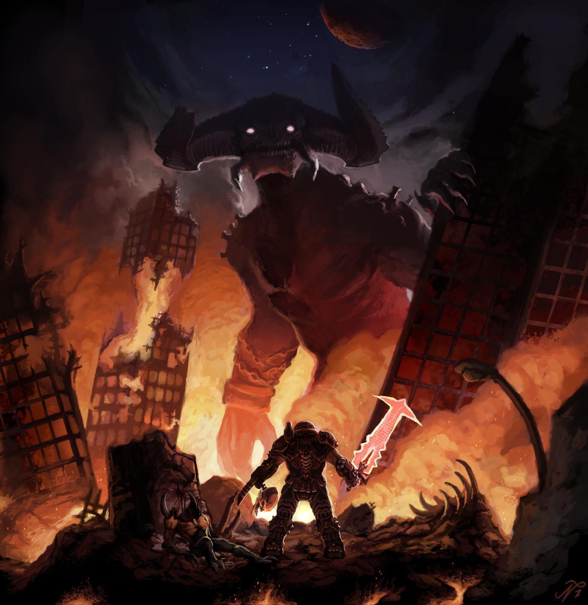 Wanted to do a bit of <a href="/DOOM/">DOOM</a> Eternal fan art with a Titan, used the BATTLEMODE trailer design because the story trailer Titan's design is so hidden. #DOOM25