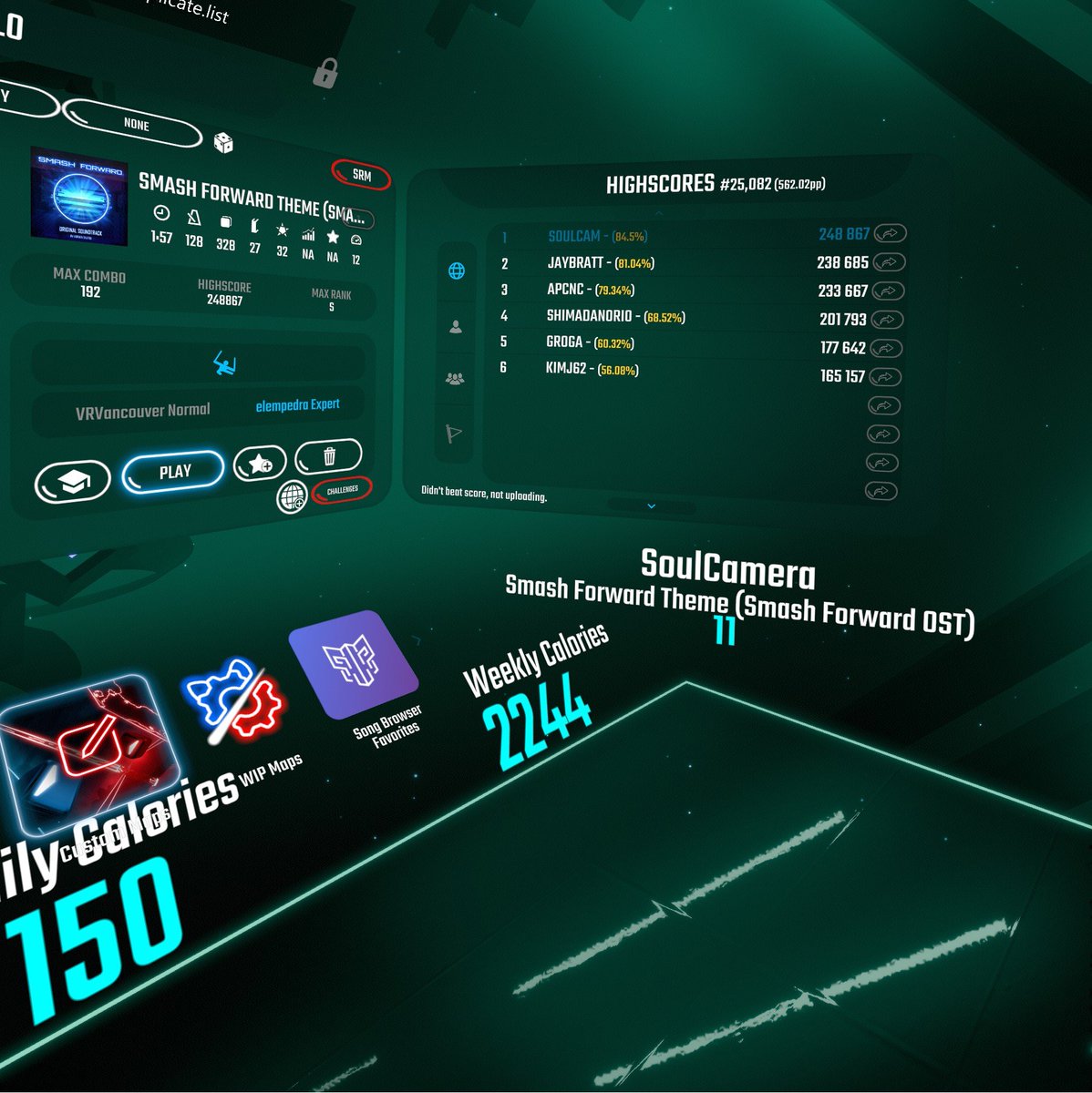 SoulCamcorder's tweet photo. @streamersunkn @smashforwarddoc #streamersunknown #SmashForward got the top score on both Normal and Expert the Smash Forward Theme in #BeatSaber ! Well made map btw lol https://t.co/gQIqkqmaKH