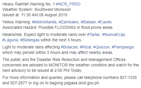 dost_pagasa's tweet photo. Heavy Rainfall Warning No. 1 #NCR_PRSD
Weather System: Southwest Monsoon 
Issued at: 11:30 AM,08 August 2019 https://t.co/hoeUsrPYEs