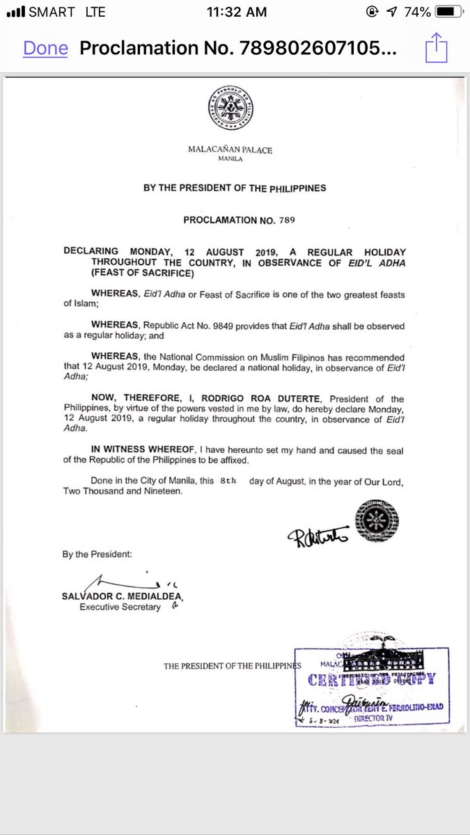 Joseph_Morong's tweet photo. #WALANGPASOK Finally. Palace releases proclamation declaring Aug 12, Monday as a regular holiday in observance of Eid’l Adha @gmanews https://t.co/h4aMZMLvnj