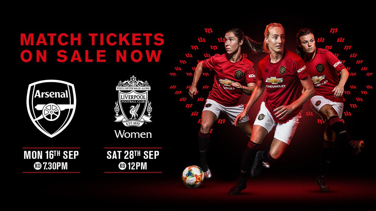 ManUtdWomen's tweet photo. 🗓 #MUWomen v Arsenal, Monday 16 September
🗓 #MUWomen v Liverpool, Saturday 28 September

Our first two #FAWSL home games are BIG and tickets are on sale now! https://t.co/fnoTcHkZBy https://t.co/CrdcJcPSvK