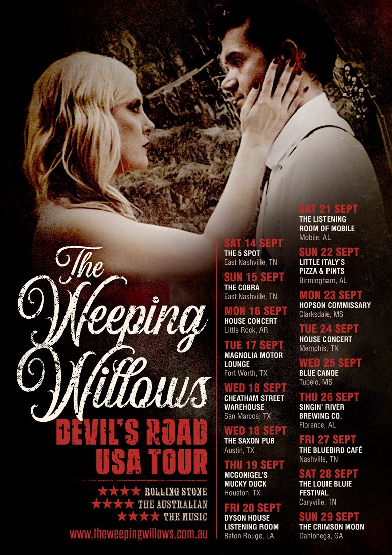 weepinwillows's tweet photo. ✨PRESENTING...✨
🎸 The DEVIL'S ROAD USA TOUR! 💃
17 dates in 7 US states! 🇺🇸 
The @WeepinWillows return to the #USA in support of their new single, #DevilsRoad, revvin' up at @AmericanaFest in #Nashville! 😄🎶🎉 All dates &amp; details: https://t.co/fzzdUAuos4 👍 #DevilsRoadTour 😈 https://t.co/JKIfothtJI