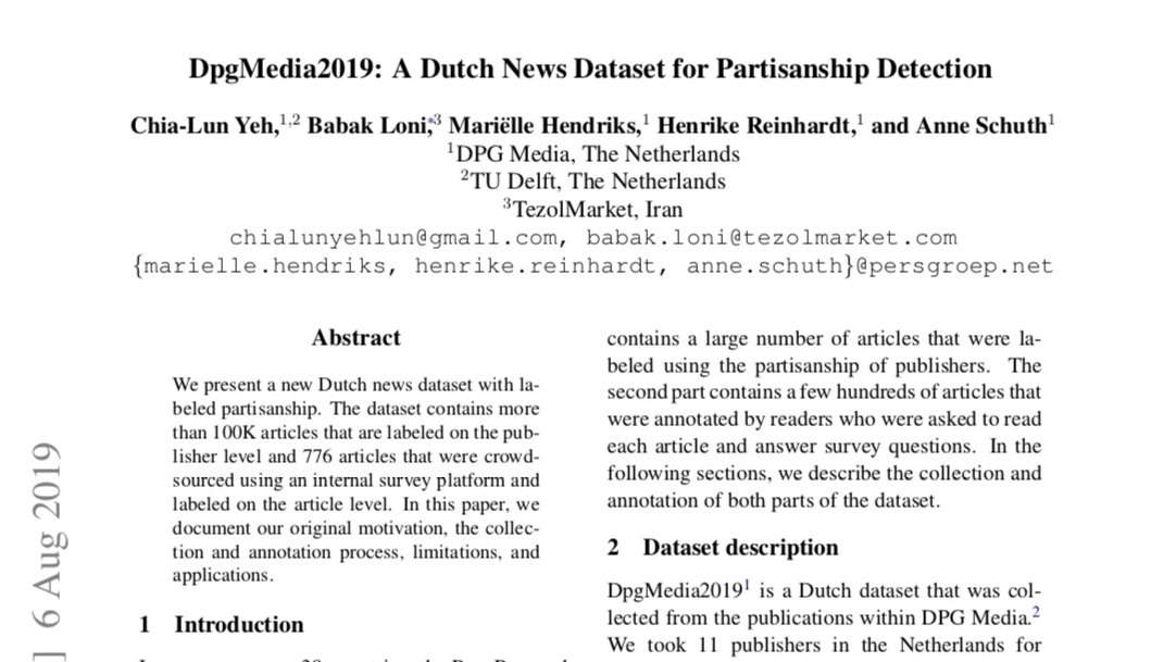 DPGMediaAI's tweet image. We're releasing a dataset for bias detection in Dutch news!

100K articles
776 articles with &amp;gt;24K annotations by &amp;gt;3K annotators

Data can be found here: github.com/dpgmedia/parti…
Our paper describing the data here: arxiv.org/abs/1908.02322