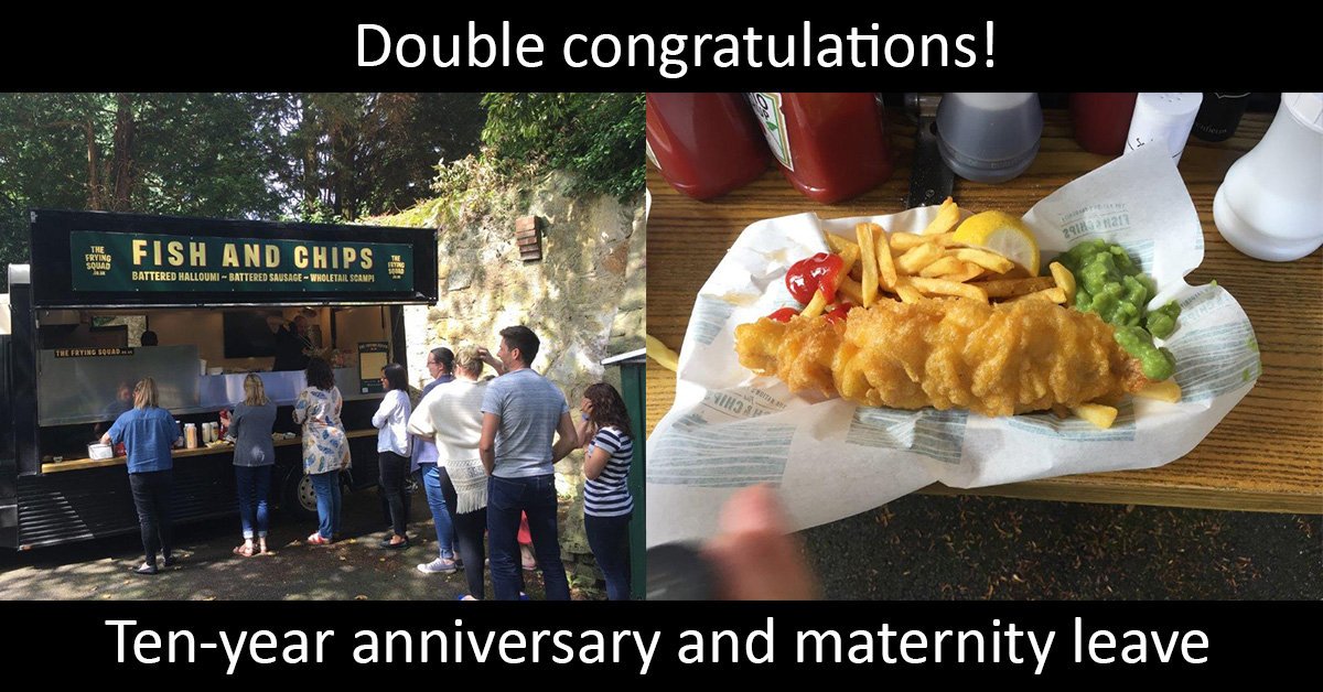 ElementsComms's tweet image. We love to celebrate and what better than a double celebration! Congratulations to Becky for ten years of being outstanding. Good luck to Alison as you head off on maternity leave. And thanks for the fish and chips! #unrestrainedpersonality #medcomms #fishandchips