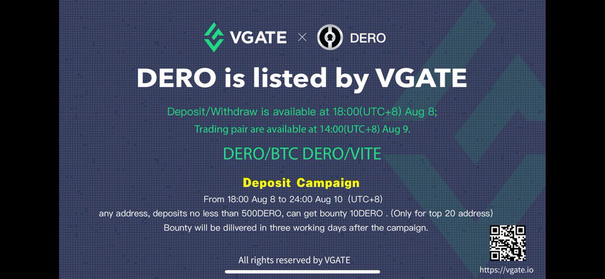 DERO_updates's tweet photo. Dero is listed by #VGATE. Trading pairs $DERO/ $BTC and $DERO/ $VITE. Check out for the deposit campaign.
#exchange #privacytogether #deroproject https://t.co/nwK9wrJquh