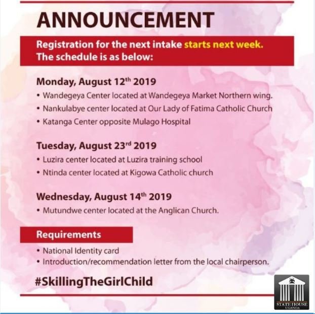 PUBLIC ANNOUNCEMENT!!!

Enrollment for the next intake of the President's Initiative of Skilling the Girl Child is on. Tell a friend to tell a friend...  #SkillingTheGirlChild #GirlChildUg 😄