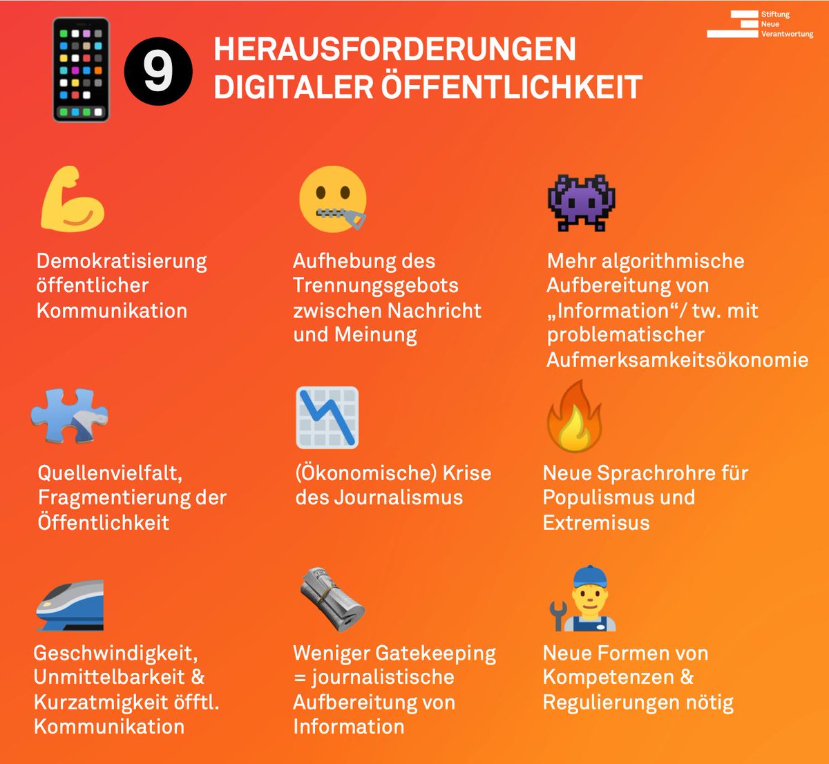 Die Demokratisierung öffentlicher Kommunikation ist natürlich in der Theorie "saugeil" (🐷) – stellt uns aber vor einer Menge noch weitgehend ungelöster Herausforderungen. Neun davon haben wir mal hübsch aufbereitet. 
#stärkungdigitaleröffentlichkeit @snv_berlin