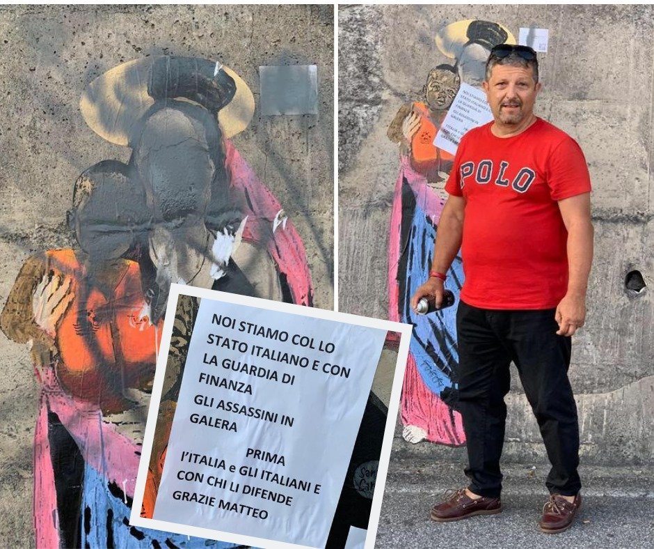 RiccardoPirrone's tweet photo. Un tizio con una maglia #POLO falsa, si è fatto fotografare mentre deturpa l'italiano e un'opera d'arte di @tvboyofficial. Chiedo ai legali dell'@AccademiaCrusca e @RalphLauren di procedere per vie legali. https://t.co/d8VKilId9e