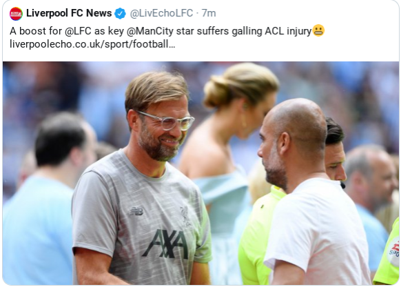 TheSportSocial's tweet photo. Tuesday: The Echo claim Liverpool took better penalties than Manchester City 'based purely on placement'

Thursday: The Echo celebrate a Man City player getting injured because it marginally improves their chances of winning the league.

Jesus Christ. https://t.co/vZvAXygitI