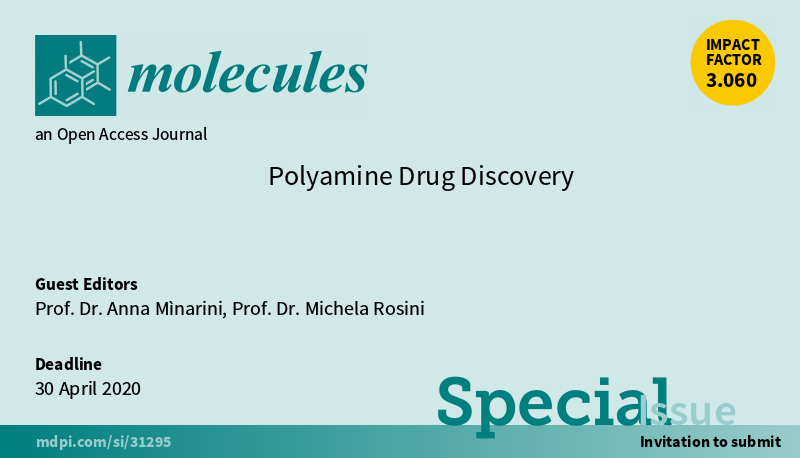 Molecules_MDPI's tweet photo. 📢New Special Issue Open for Submissions: Polyamine Drug Discovery
✏️Guest edited by Prof. Dr. Anna Mìnarini and  Prof. Dr. Michela Rosini
🔗 https://t.co/VSWGqplDAm
📌#AnticancerAgents #SyntheticPolyamines #PolyamineConjugates #AntiparasiticCompounds #Chemoprevention https://t.co/LaZEUaMzVU
