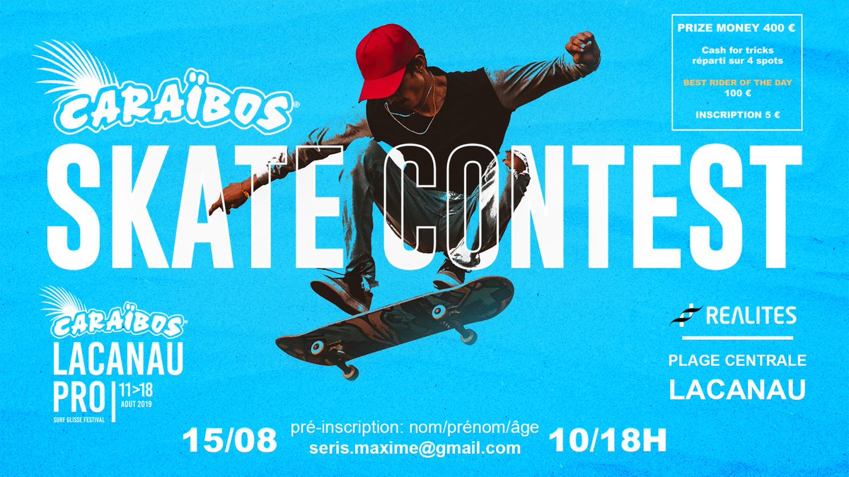 Caraibos_FR's tweet photo. On vous attend jeudi 15 pour un spectacle et une compétition de folie ! D’ailleurs, vous pouvez toujours vous préinscrire 👉 seris.maxime@gmail.com

#CaraibosSkateContest #Skate #CaraibosLacanauPro https://t.co/p6XMvJFeRA