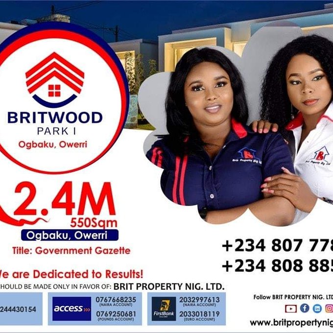 TrafficChiefNG's tweet photo. @BritPropertyng is bringing you yet another unique Real Estate Investment opportunity with Britwood Park 1 @ Owerri.

Location: Ogbaku, Owerri
Price: N2.4m/550sqm
Title: Gov. Gazette

Learn more: https://t.co/UL9Zyejyca @ihesiulobright #freetradezone #lekkiftz https://t.co/I7z9NgSXsS