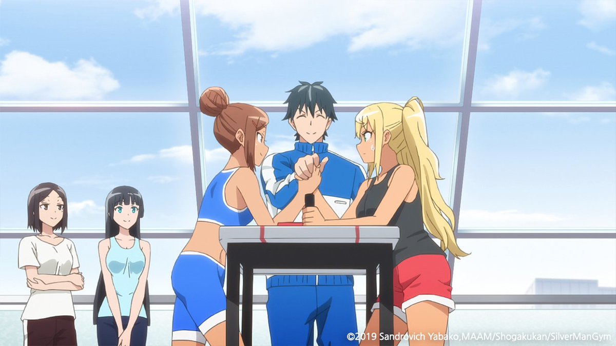 [애니플러스 8/9 00:00 방송 『덤벨 몇 킬로까지 들 수 있어?』 6화 "새로운 라이벌을 원해?"] - 실버맨 짐에서 암 레슬링 대회 모집 포스터를 본 히비키...