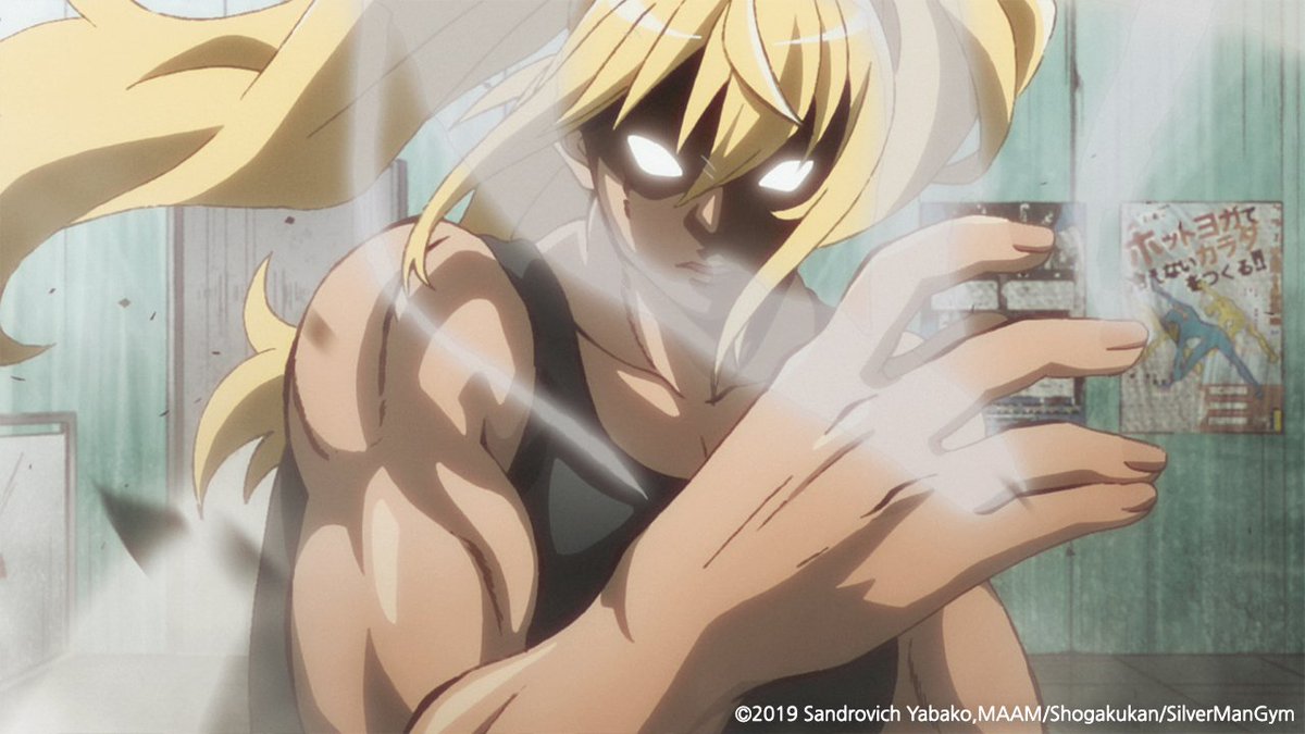 [애니플러스 8/9 00:00 방송 『덤벨 몇 킬로까지 들 수 있어?』 6화 "새로운 라이벌을 원해?"] - 실버맨 짐에서 암 레슬링 대회 모집 포스터를 본 히비키...