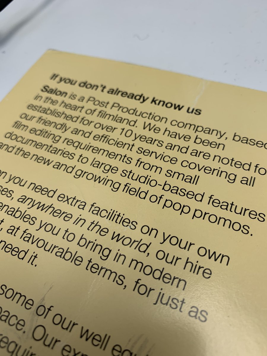 salon_rentals's tweet photo. #tbt one of our old brochures from the 80’s! - we still have the same company values and still work on everything from features to the ‘growing field of pop promos!!!’ #poptastic #editing #history #familybusiness #postproduction #suppliedbysalon https://t.co/impOa65KD8