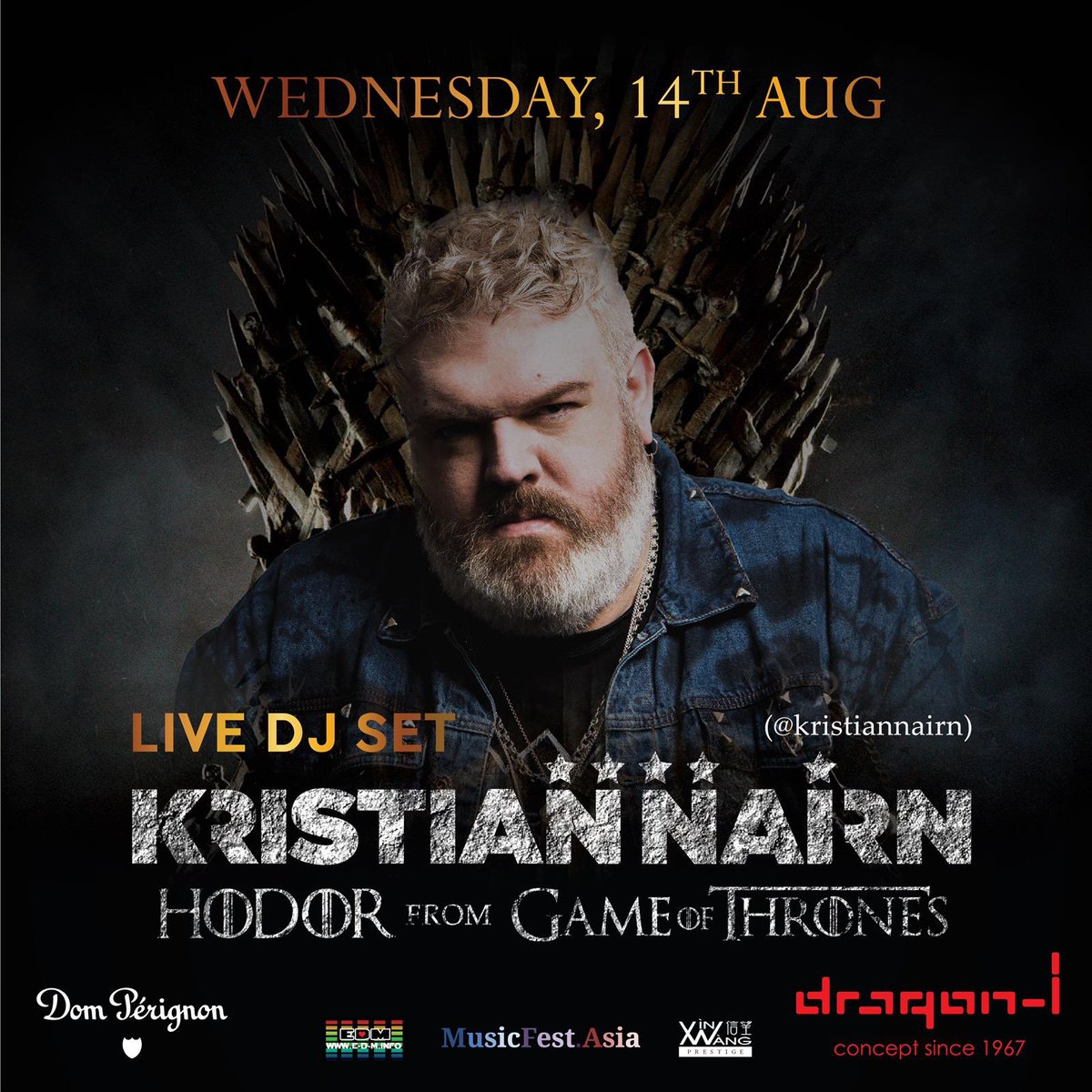 Finally next week <a href="/KristianNairn/">Kristian Nairn</a> hits #Asia Aug 14 <a href="/dragonihk/">dragon-i</a> #MusicFestAsia tour #hongkong #lkf #HODOR #GameofThrones