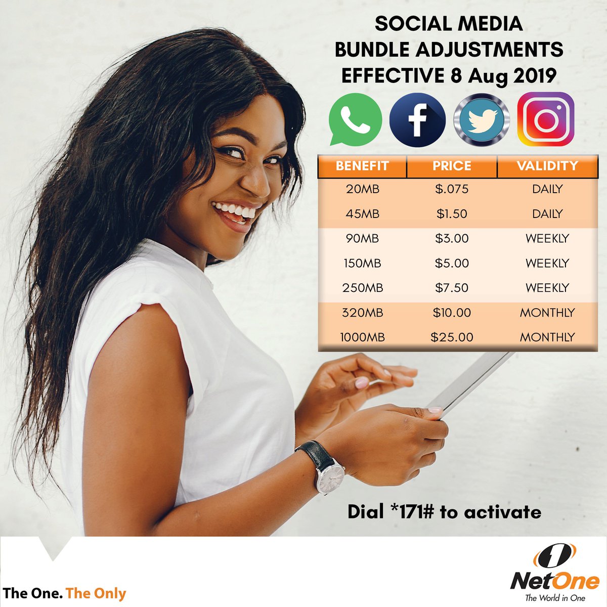 NetOneCellular's tweet photo. PUBLIC NOTICE

Dear Valued Customers,

Please take note of the Data and SMS Bundle Adjustments effective 8 August 2019. https://t.co/0bUp0jJjSb