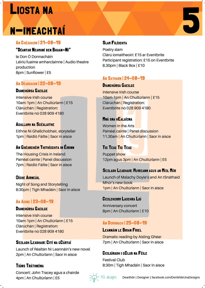 FeileLiu_Lunasa's tweet photo. Liosta iomlán na n-imeachtaí do Liú Lúnasa 2019 ... bígí linn chun ceiliúradh a dhéanamh ar 5 bliana den fhéile! 🧡 #LigDoLiú 

A full list of Liú Lúnasa 2019 events ... join us to celebrate 5 years of the festival! 🧡

@newbelfast @Culturlann @RealtanNiL @nosmag https://t.co/wM24I4Ewm5