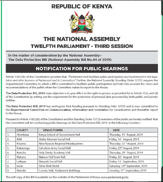 MzalendoWatch's tweet image. The Departmental Committee on Communication, Information and Innovation wishes to notify Kenyans that public hearings on the Data Protection Bill, 2019 will be conducted in the following counties highlighted in the 2nd newspaper excerpt. #PublicParticipation